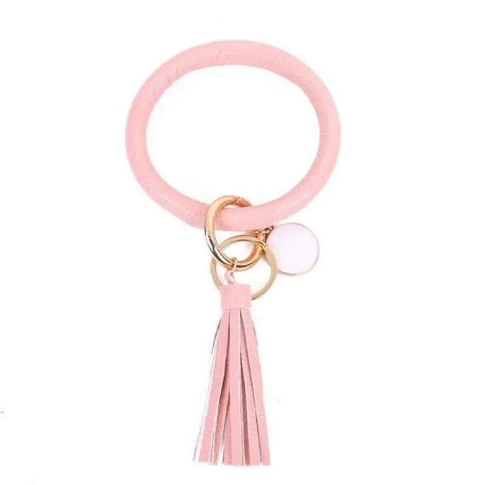 Solid Pink Vegan Leather Tassel Bangle Keychain~~NWOT